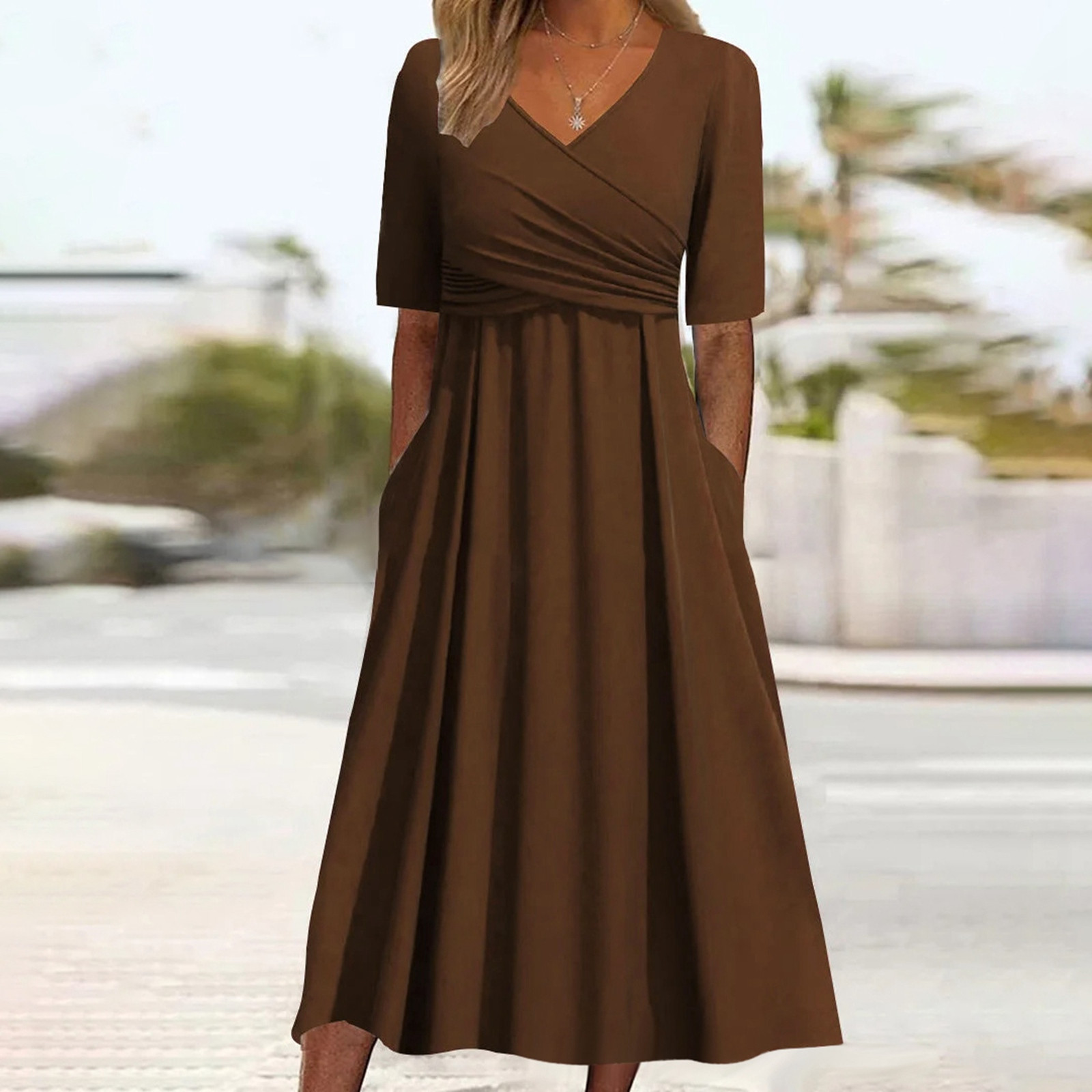 thumbnail image 2 of Vestido vintage informal de mujer con cuello en V y manga corta plisada - Falda larga de playa de poliéster con estampado floral, tallas S-XXXL, 2 of 8